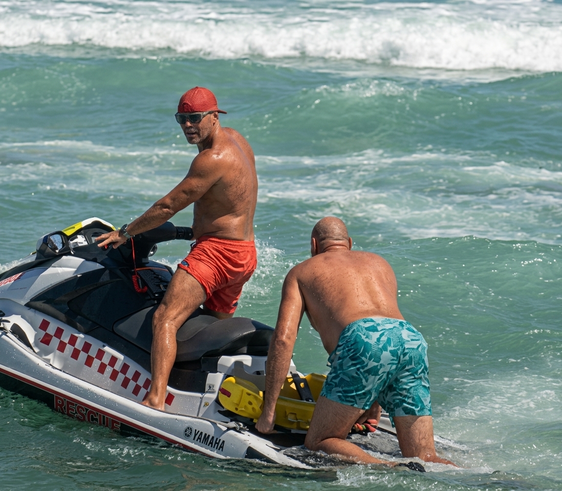 Salvare spectaculoasă la Eforie Nord: doi bărbați din Buzău, scoși din valuri cu jet ski-ul de salvamarul Cristi